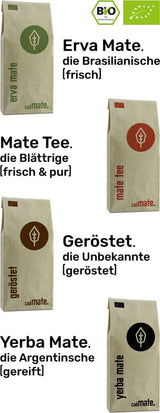 Mate te smagesæt ● 4 varianter af økologisk Mate te ● 100 g hver Erva Mate + Yerba Mate + Green Mate te + Roasted Mate te