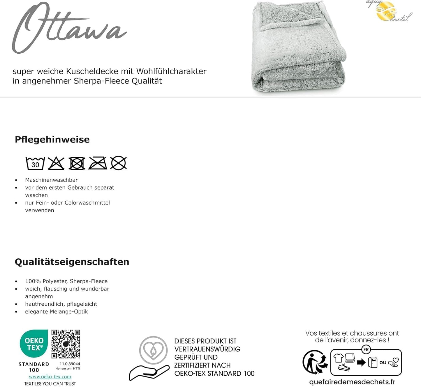 Aqua-Textil Fluffy kæletæppe 150 X 200 Cm Grå Hvid Melange Plys TV-tæppe Sengetæppe Sherpa Fleece Oeko-Tex Ottawa Senge og tæpper Besuche den aqua-textil-Store