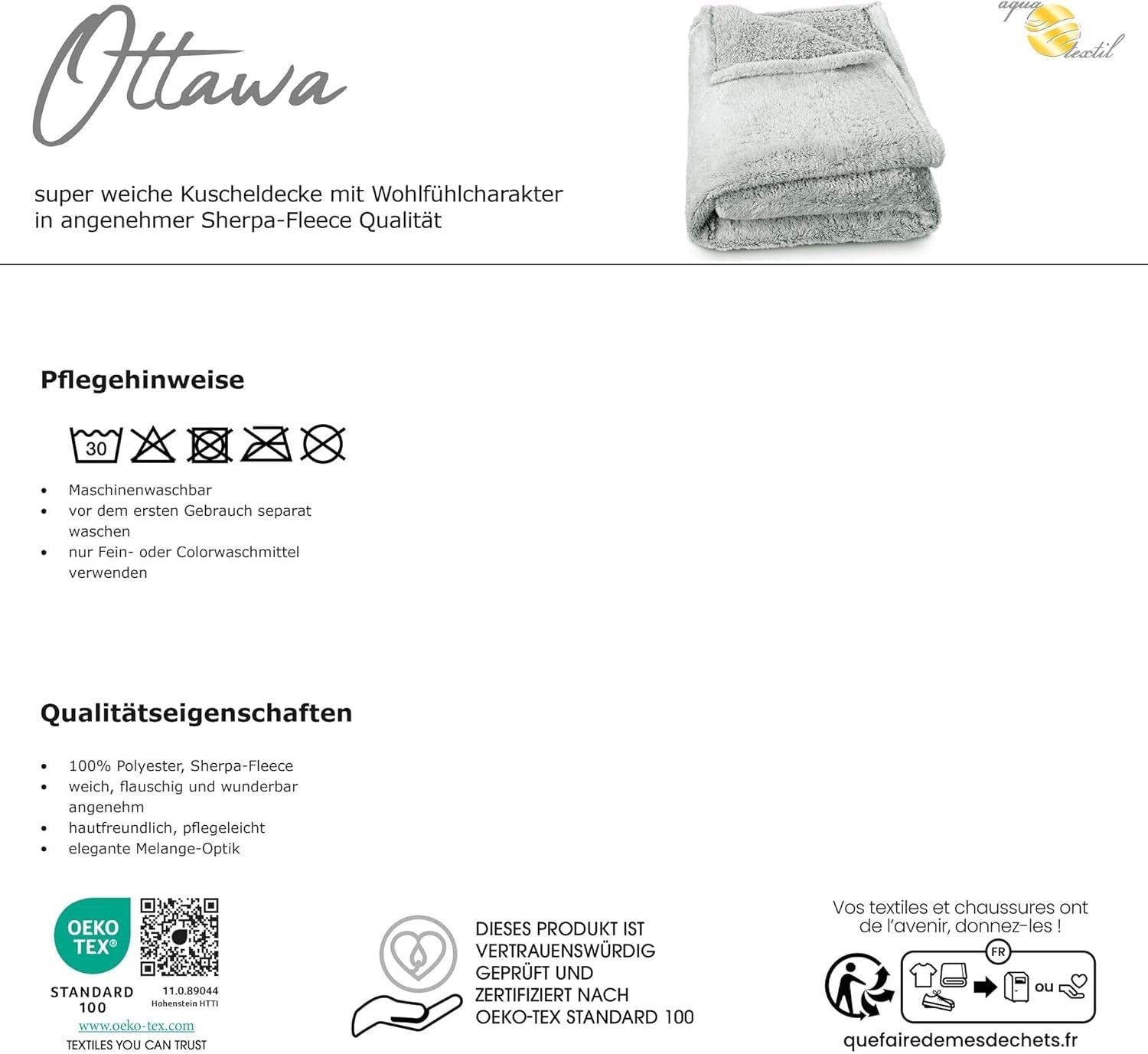 Aqua-Textil Fluffy kæletæppe 150 X 200 Cm Grå Hvid Melange Plys TV-tæppe Sengetæppe Sherpa Fleece Oeko-Tex Ottawa Senge og tæpper Besuche den aqua-textil-Store