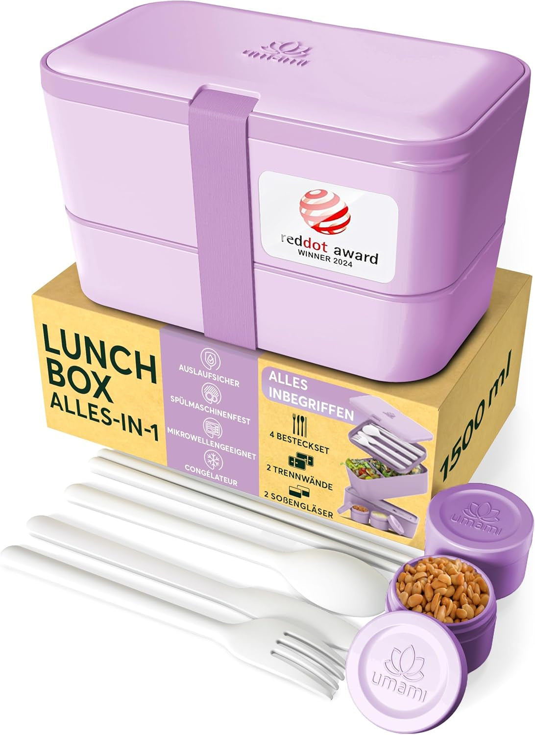 Umami madkasse til voksne, 4 bestik og rum Lækagesikker stabelbar Bento-kasse, voksenmadkasse, to-go salatbeholder, Picnic/kontor madpakke, koksgrå, 1500 ml madopbevaringskasser Naty Shop Lavendel Lilla L - 1500 ml kan stables inde i hinanden