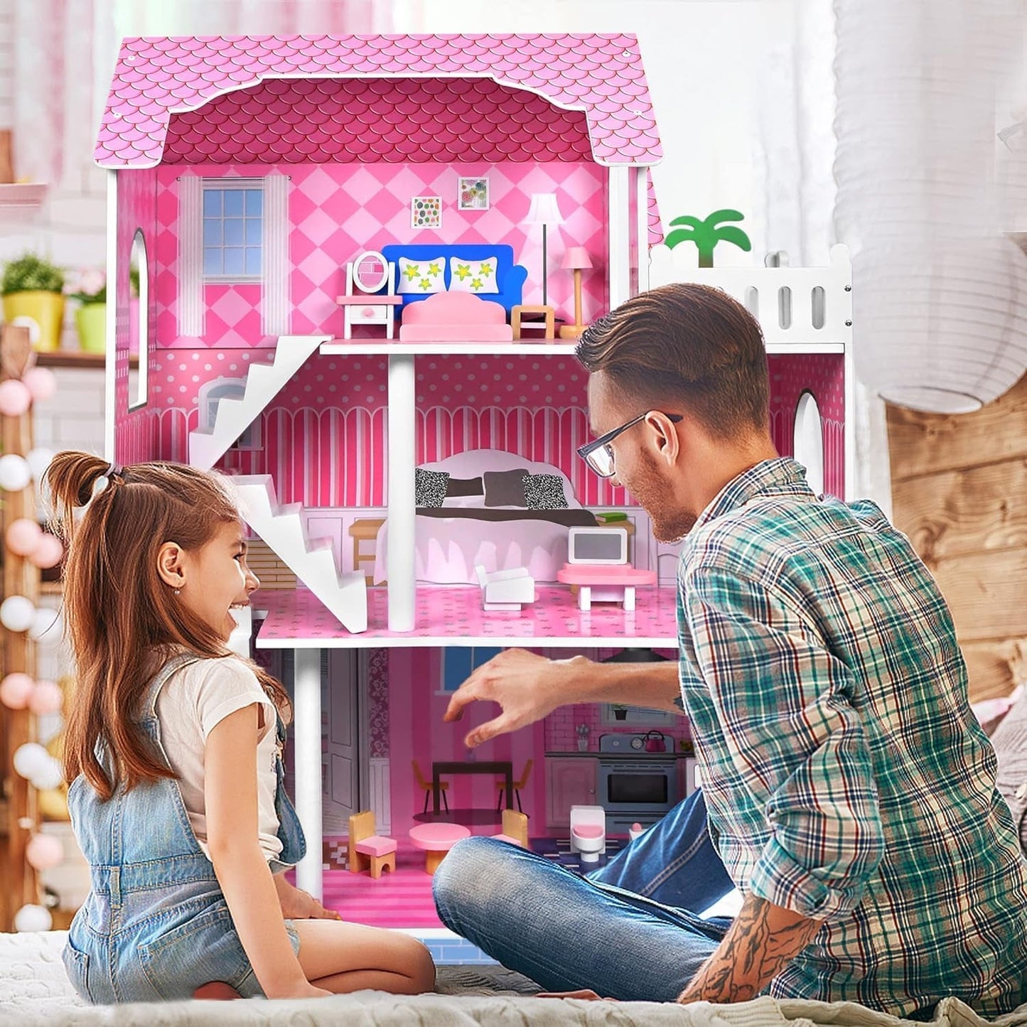 HENGMEI Puppenhaus Kinder Holz Puppenvilla Dukkehus Sæt Mädchen Spielset 3 Etagen Haus med Möbeln og tilbehør, 70x30x100cm Puppenhæuser for Kinder (Typ B)
