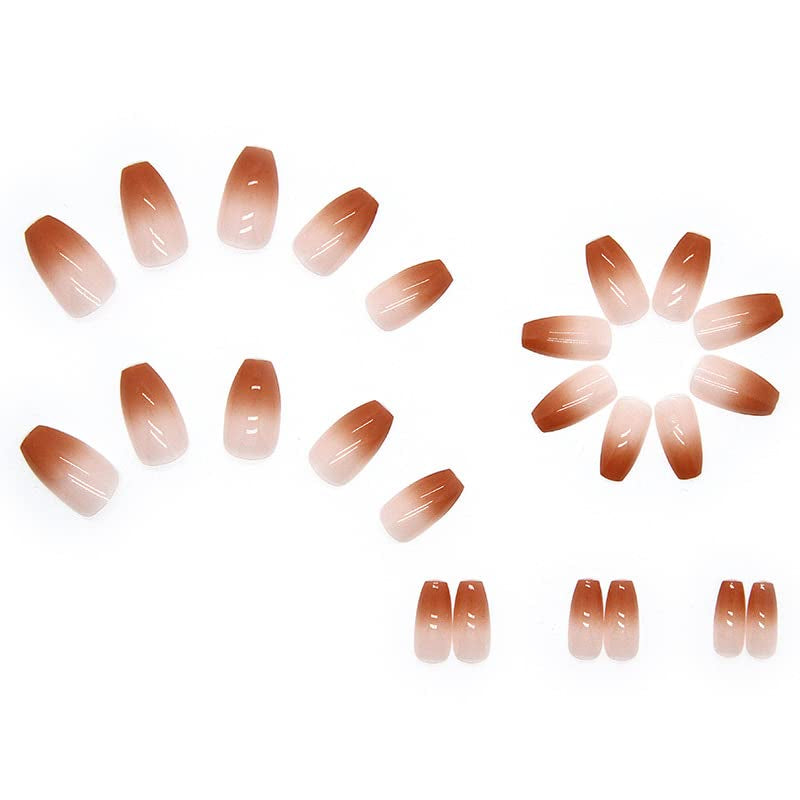 24 stk Fransk tryk på korte negle kiste kunstige negle Koral Pink Ombre selvklæbende negle Ballerina neglesæt Akryl neglespidser Kvinder Forår Sommer Negletilbehør