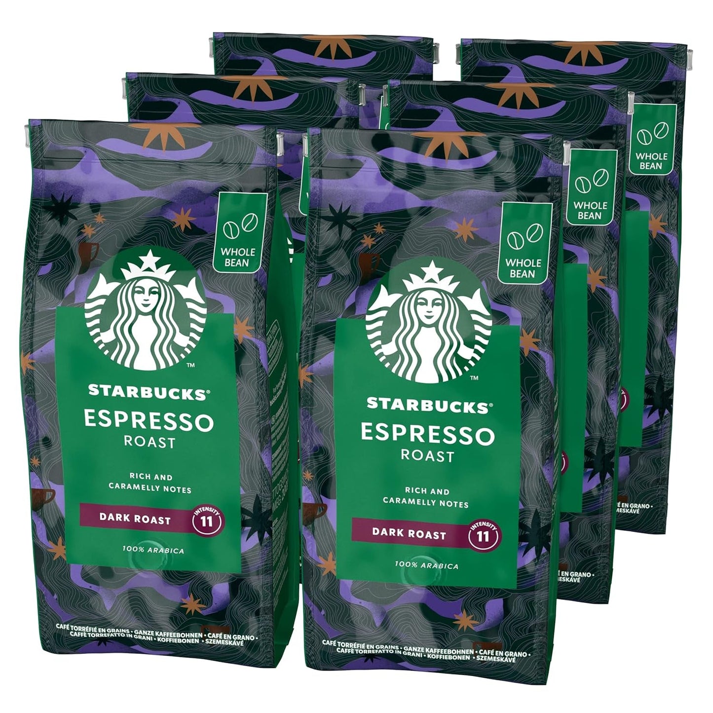 STARBUCKS Espresso stegt, sort stegt, hele kaffebønner 200 g (pakke med 6)