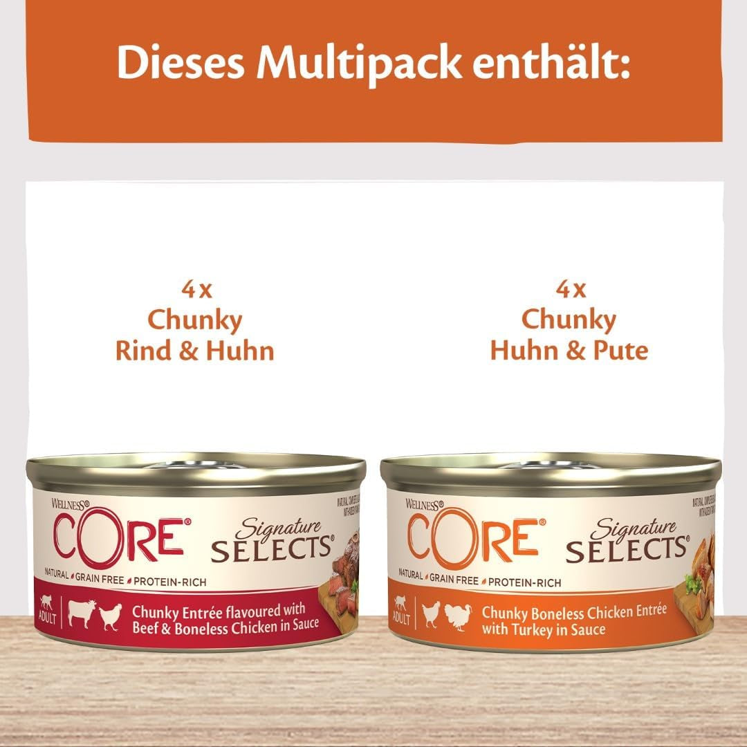Wellness CORE Signature Selects 8 x 79 g, bland oksekød, kylling og kalkun - våd kattefoder, lækre strimler i sauce, kornfri, naturlig, allergivenlig, højt proteinindhold, højt indhold af kød