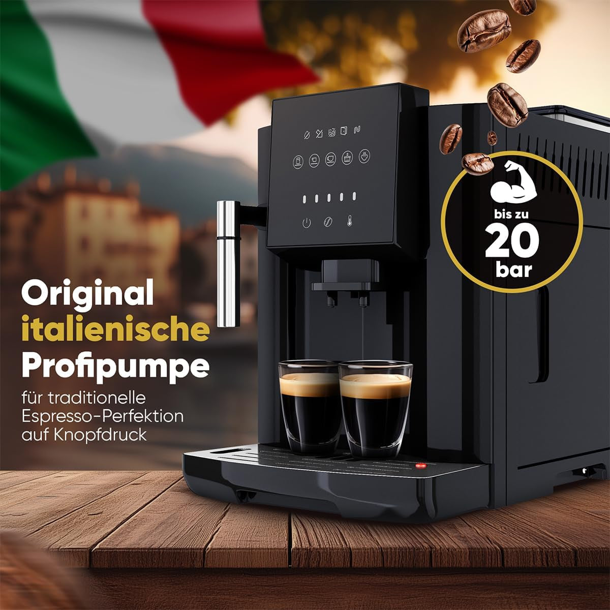 Fuldautomatisk ProfiCook® espressomaskine med mælkeskummer til cappuccino | Konisk kværn | med kopvarmefunktion | Italiensk professionel pumpe | Touchskærm | Espresso | PC KAV 1281