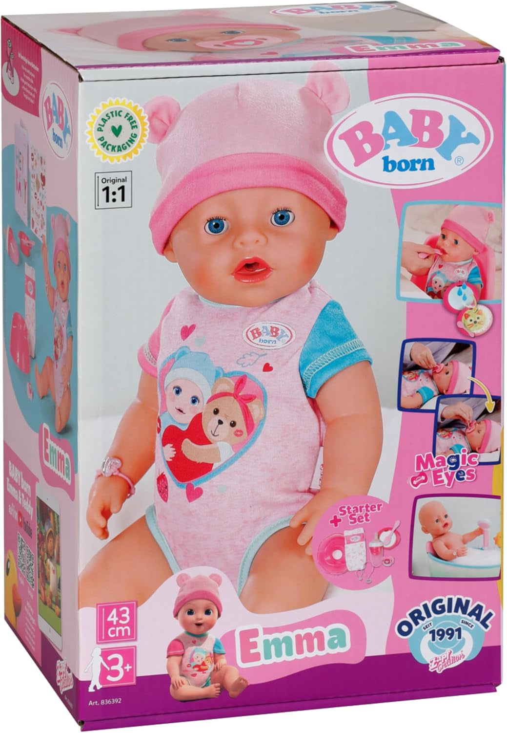 BABY Born Emma - babydukke 43 cm - 10 funktioner inklusive tilbehør og madras - Fungerer fuldt ud uden batterier - Velegnet til børn fra 3 år og derover
