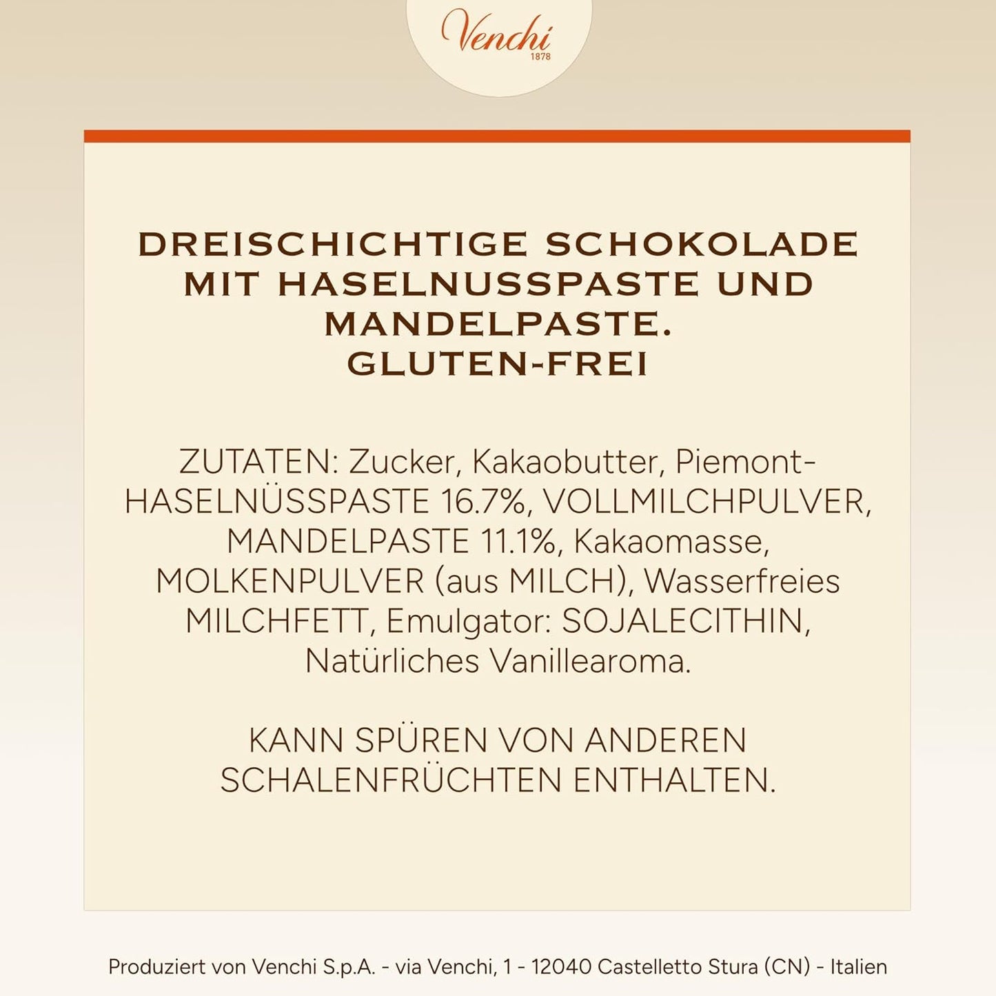 Venchi - Cremini 1878 - Tre-lags chokolade med gianduja med mælk og mandelmasse, "Piemontese Hasselnuts BGB", 1 kg, glutenfri, uden farvestoffer og uden konserveringsmidler