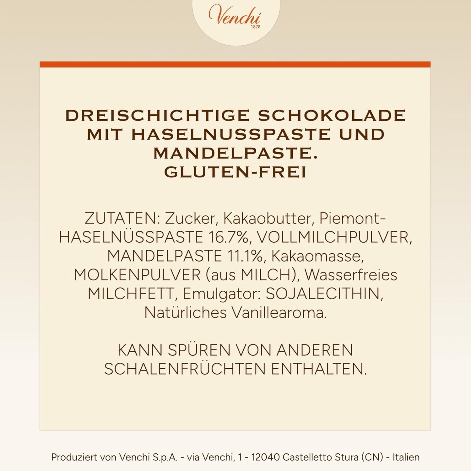 Venchi - Cremini 1878 - Tre-lags chokolade med gianduja med mælk og mandelmasse, "Piemontese Hasselnuts BGB", 1 kg, glutenfri, uden farvestoffer og uden konserveringsmidler