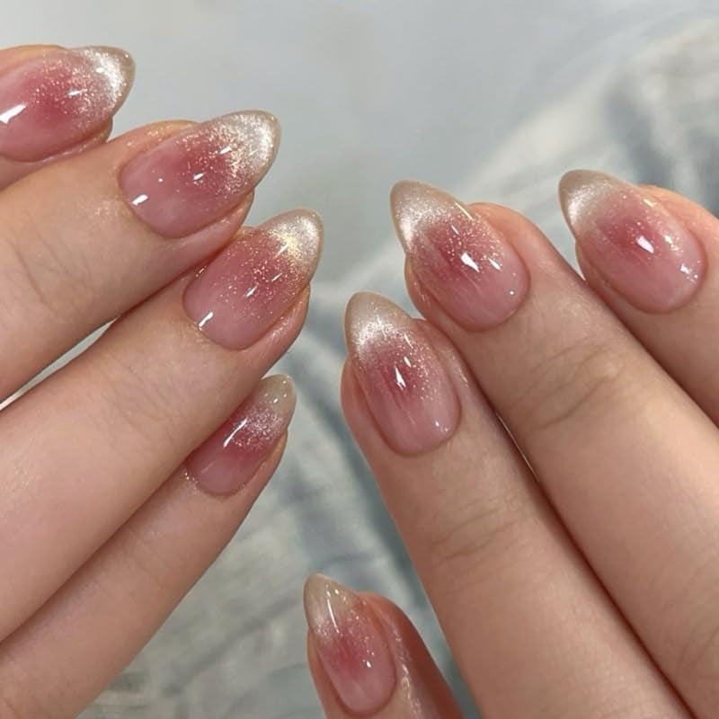 Moonglow korte magnetiske falske negle, pink mandelrød gradient glitter katteøje med lim, pink rød ombre glitter fototerapi kunstige negle til kvinder og piger