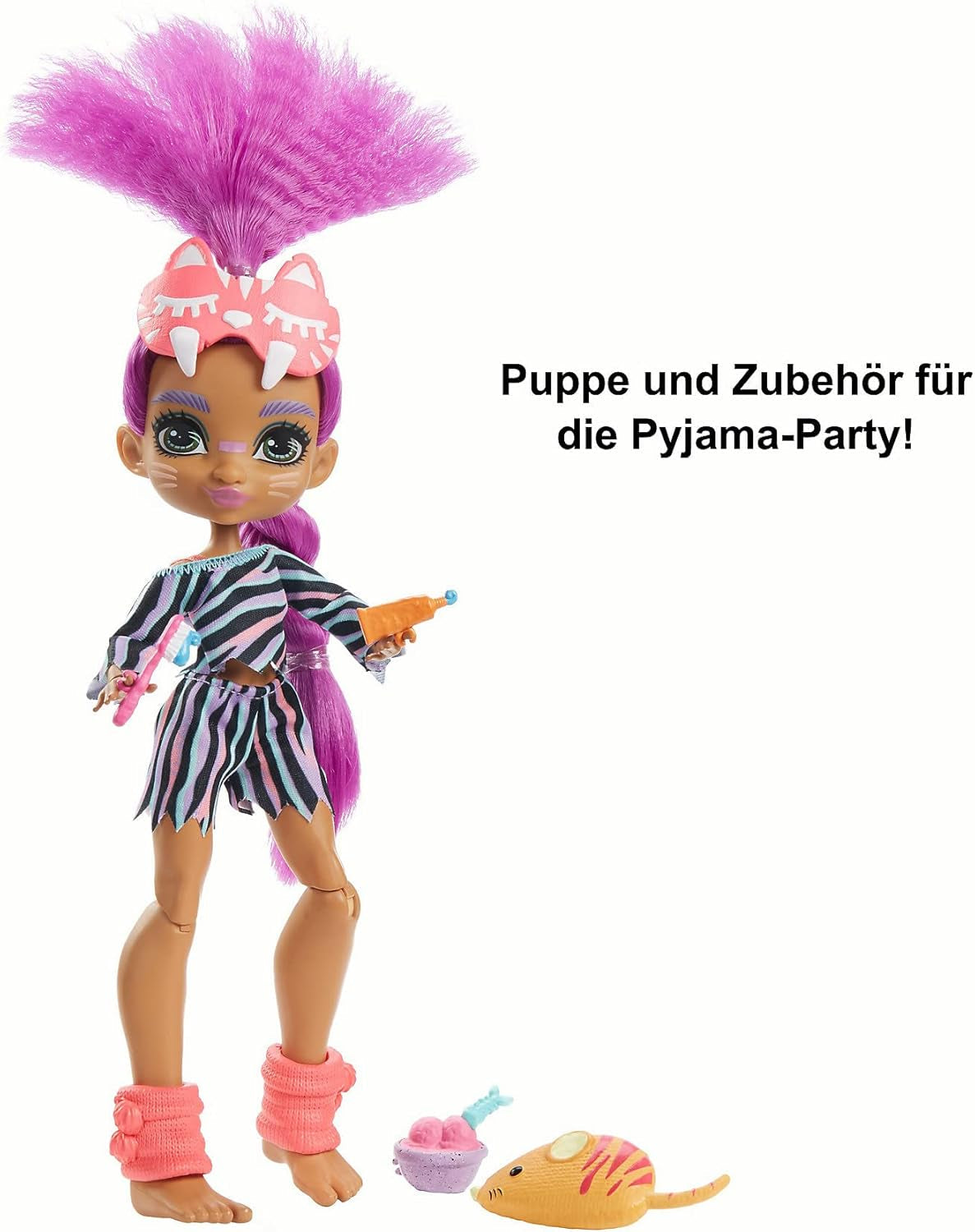 Cave Club GTH02 - Roaralai Pyjamas Party Fun Doll, Artikuleret dukke med lilla hår og tilbehør, gave til børn fra 4 år og op, multifarvet