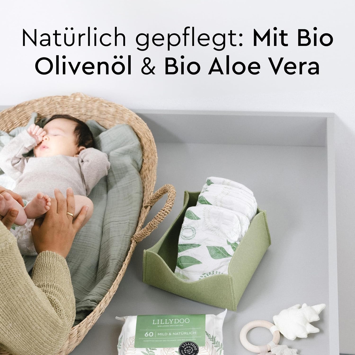 LILLYDOO grønne vådservietter, 600 count (10 x 60), 100 % plastfri rivefast serviet - Parfumefri, skånsom og naturlig, skånsom rensning til følsom hud, dermatologisk testet
