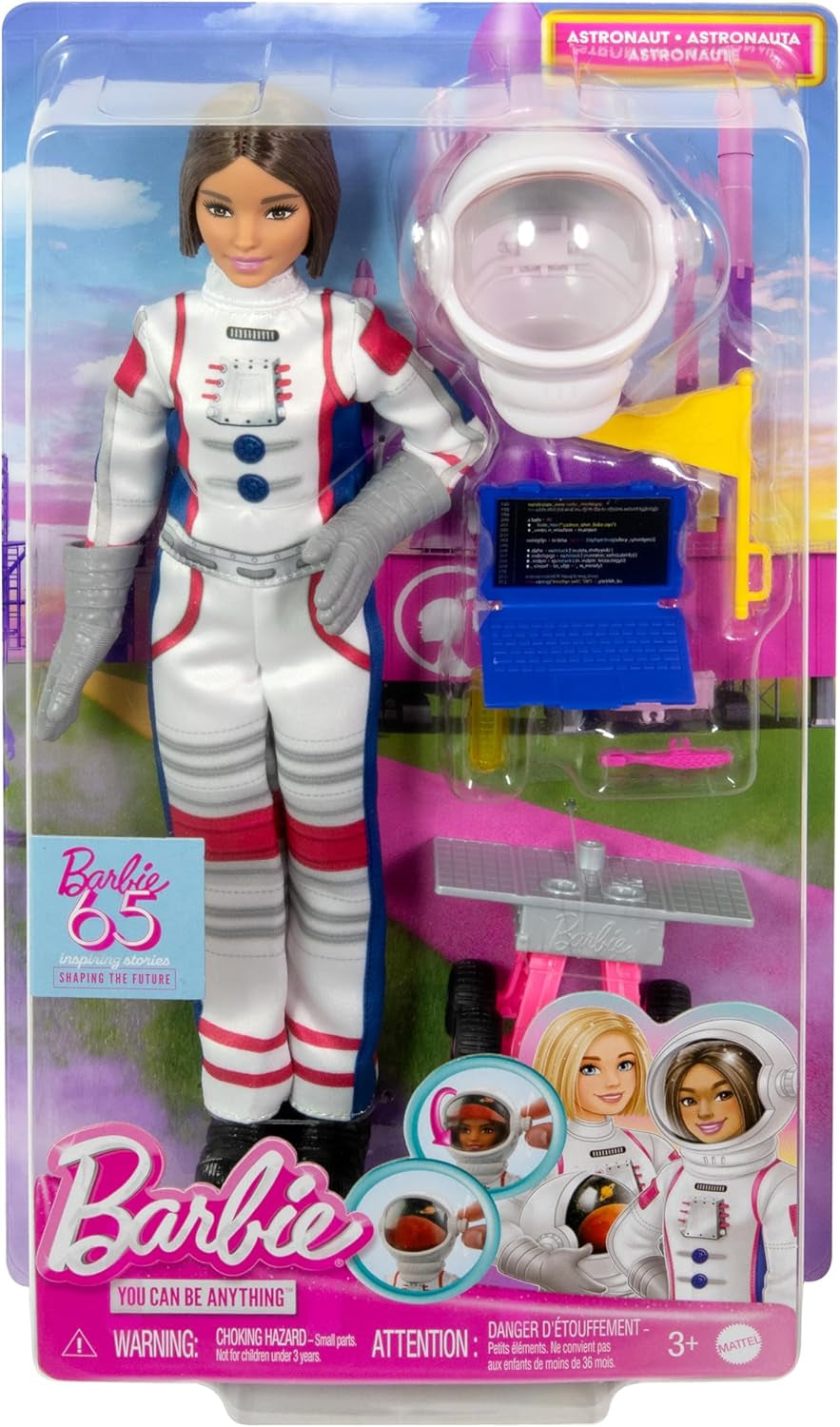 65-års fødselsdag Barbie Dukke og 10 tilbehør, Brunette Dukke Astronaut Sæt, Rover på hjul, Rumhjelm med skiftende visir og mere, HRG45