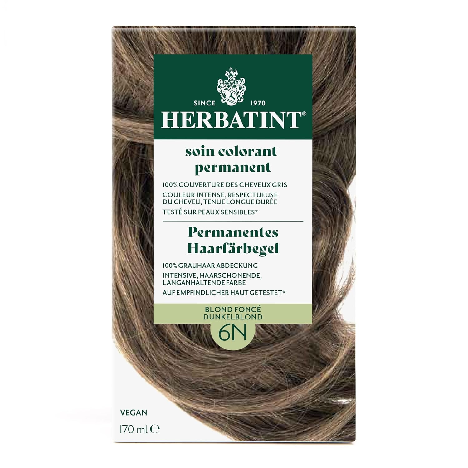Permanent hårfarvegel 6N mørkeblond - 170 ml I Ammoniakfri, 100% dækning af gråt hår I Testet på følsom hud, med 8 planteekstrakter Hårfarve Naty Shop