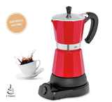 Cilio Classico espressomaskine til 6 kopper | elektrisk 480W | Ø 11,5 cm Højde: 25 cm | aluminium | rød | integreret kogeplade | med varmetilbageholdelsesfunktion og reducerende filter | til rejser eller camping