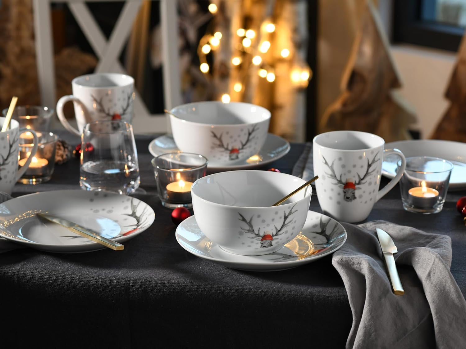 CreaTable, 21498, Luna Hirsch-serien, 18-dele stel til 6, morgenmadssæt i porcelæn, tåler opvaskemaskine og mikroovn, kvalitetsfremstilling