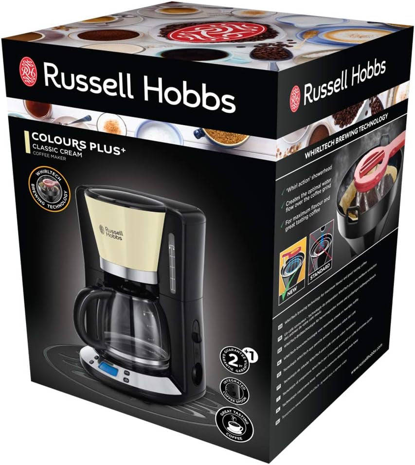 Russell Hobbs kaffemaskine [Digital timer, brusehoved for optimal udsugning og aroma] Farver+ Creme (1 til 10 kopper, 1,25 L glaskaraffel, varmeplade, 1100W) Filterkaffemaskine 24033-56