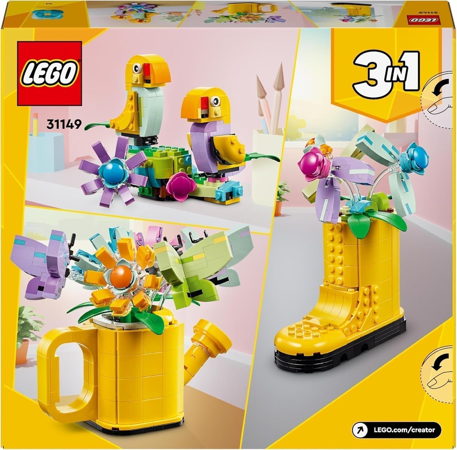 LEGO Creator 3I1 blomstersprinklersæt, dekoration til børneværelset, byg en sprinkler med en buket blomster, gummistøvler eller 2 legetøjsfugle, kreativ gave til piger og drenge 8 år gamle 31149 byggesæt Besuche den LEGO-Store