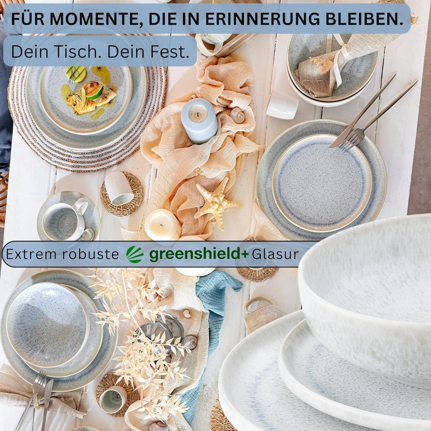SANGER | 12 stykker Santorini Spisetøj Sæt 4 Person Tallerken Sæt MEGET GOD Vurderet Stentøj Spisetøj Sæt Inklusiv middagstallerkener, Dessert tallerkener og Suma tallerkener Creme Lila Blå Gradient | PREMIUM KOLLEKTIONEN
