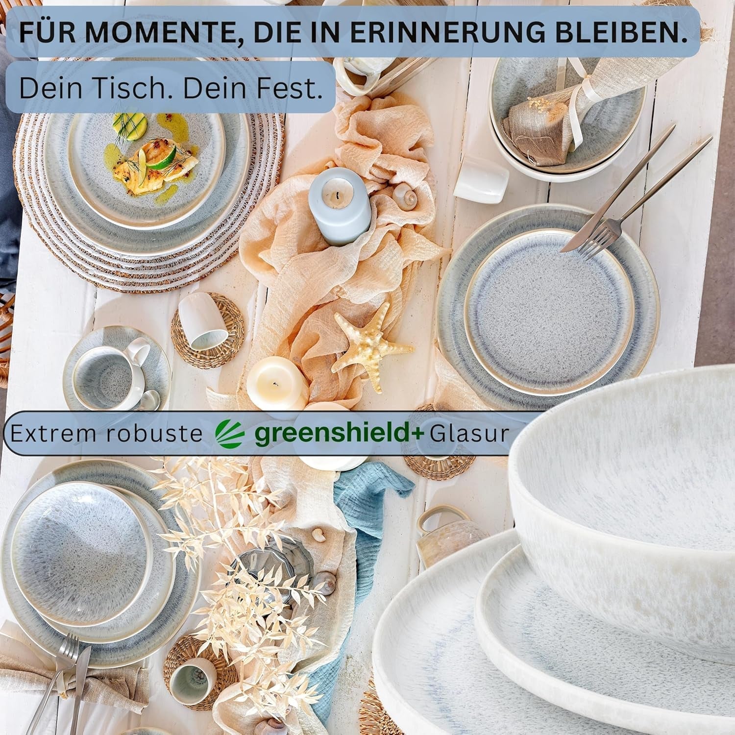 SANGER | 12 stykker Santorini Spisetøj Sæt 4 Person Tallerken Sæt MEGET GOD Vurderet Stentøj Spisetøj Sæt Inklusiv middagstallerkener, Dessert tallerkener og Suma tallerkener Creme Lila Blå Gradient | PREMIUM KOLLEKTIONEN