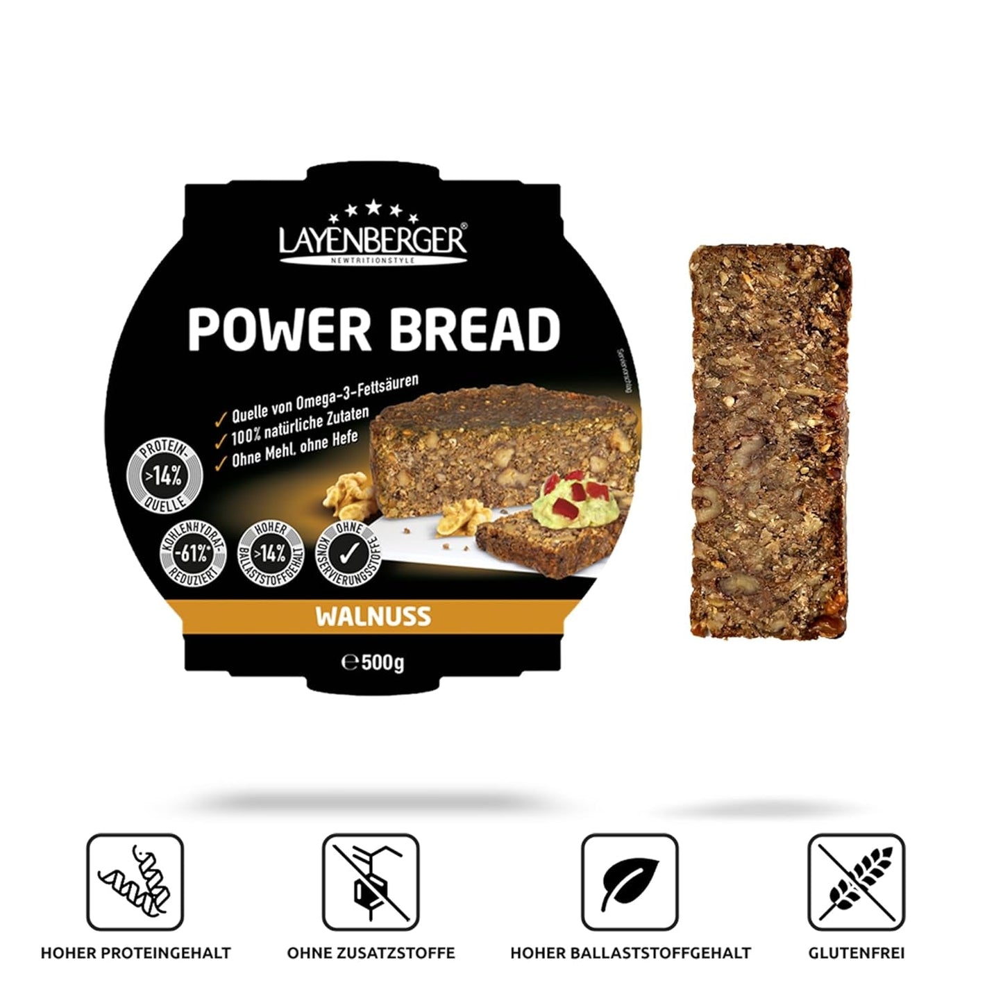 Layenberger Prower Brød Valnød, Eiweiß- Und Ballaststoffquelle, Ohne Konservierungsmittel, Ohne Hefe, Ohne Mehl, Mit 14G Protein Pro 100G, (1 X 500G) Blanding til bagning og madlavning Naty Shop
