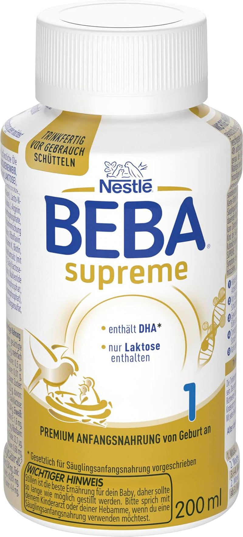 BEBA Nestlé BEBA SUPREME 1 Modermælkserstatning: Drikkeklare flasker med Omega 3, 1 pakke (1 x 200 ml)