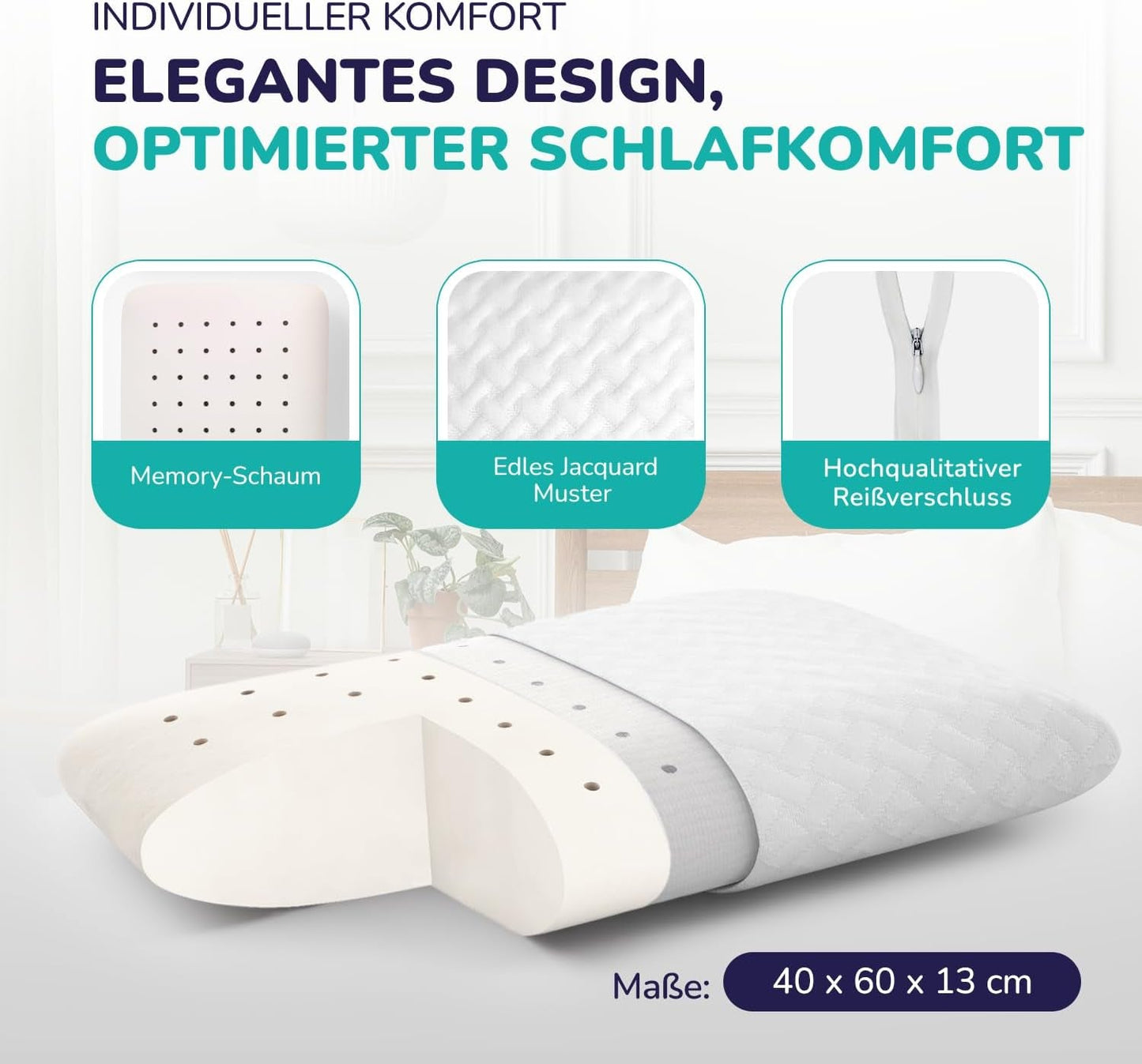 ZenPur Ortopædisk Nakkepude 40x60-13cm, Memory Foam Hovedpude - Ergonomisk sovepude til nakke og skuldre, Oeko-TEX certificeret
