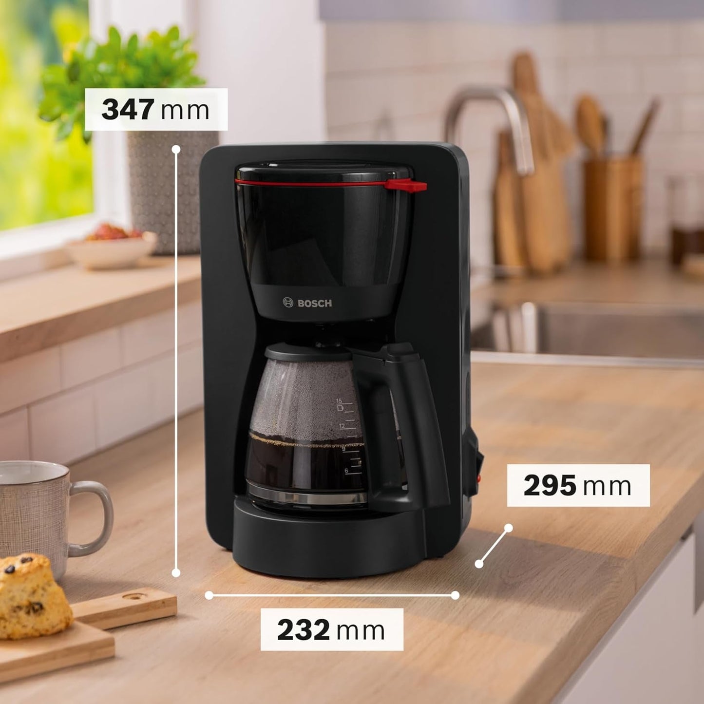 Bosch MyMoment TKA2M113 Filter Espressomaskine, 1,25 L glaskaraffel, 10-15 kopper, 40 Minutters Hold Varm-funktion, Anti-drypsystem, Roterende Filterholder, Aftagelig Vandtank, 1200 Watt, Mat Sort