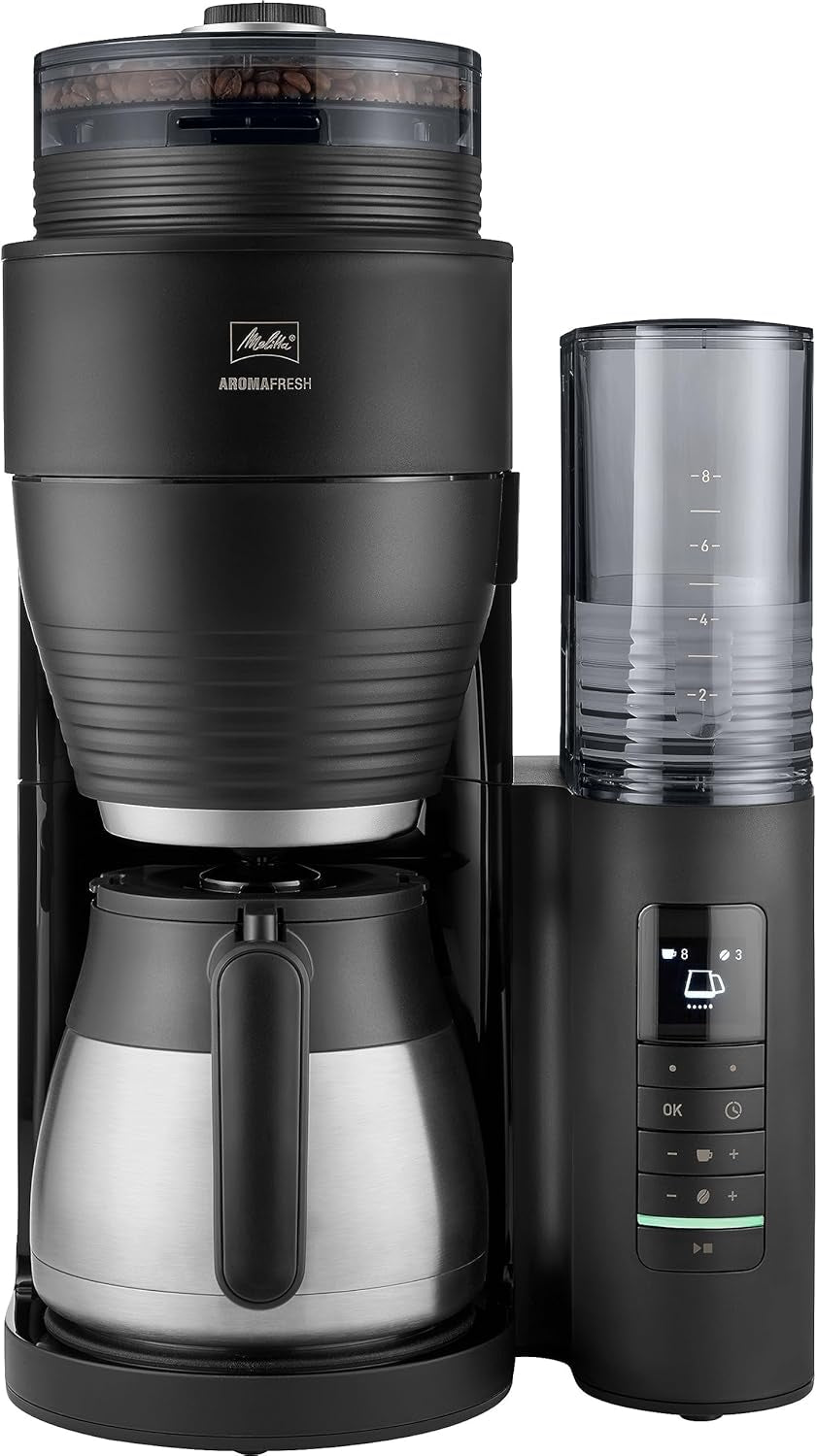 Melitta AromaFresh Therm Pro X - Espressomaskine med filter, integreret kværn, aftagelig vandtank, termokande i rustfrit stål og timerfunktion, til op til 8 kopper kaffe, sort/sølv