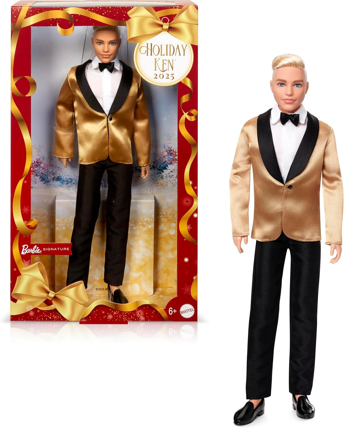 Barbie Signature 2025 Holiday Blonder Ken Modepuppe zum Sammeln in completem Anzug mit Goldener Jacke in Einer Verpackung zum Ausstellen und mit Puppenständer, JGK55