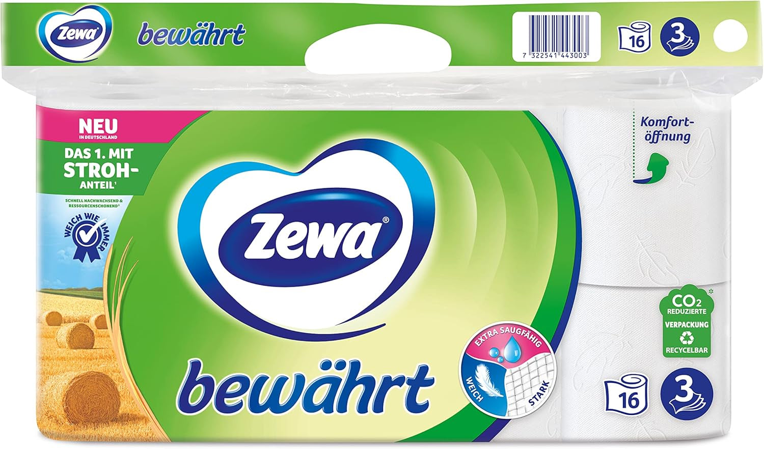 Zewa Proven - 48 ruller - Det første toiletpapir med halmindhold - 3 lag
