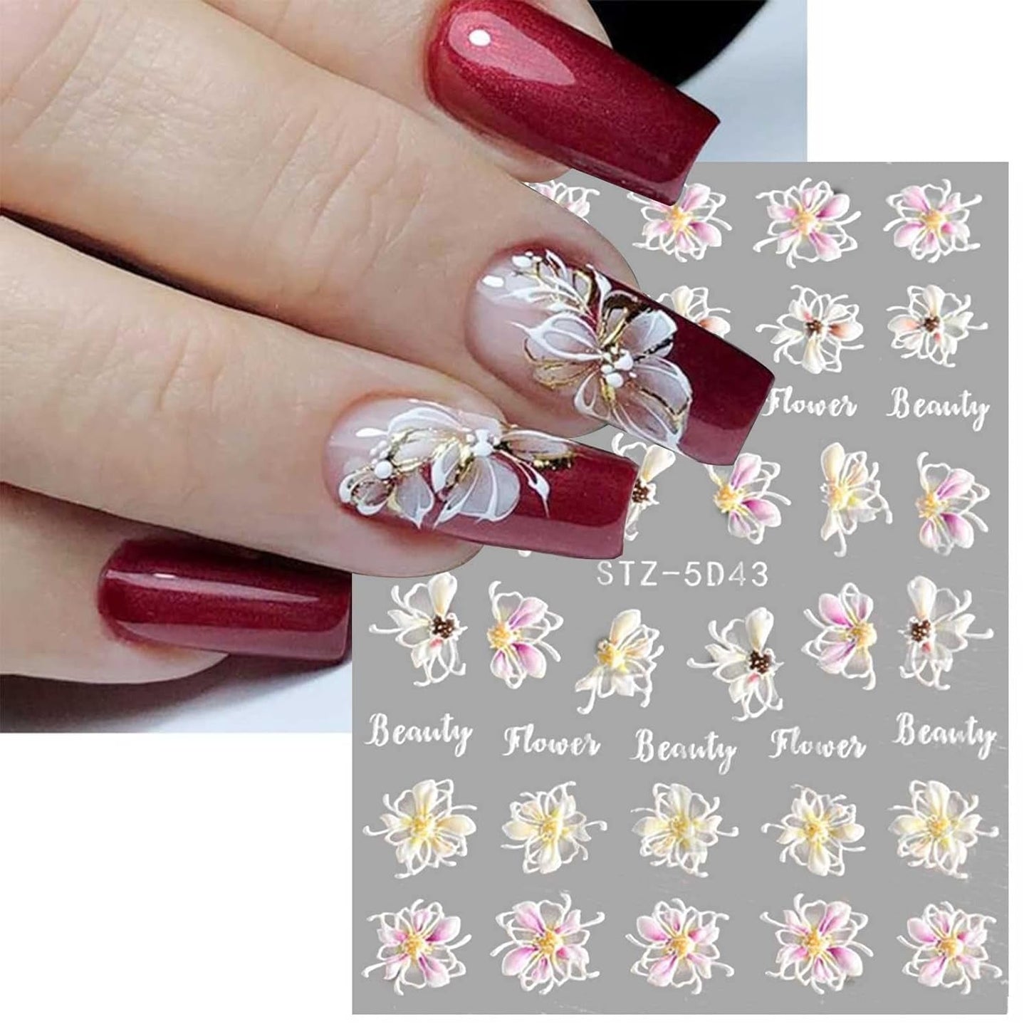 JMEOWIO 3D Nagelsticker Frühling Blume Nail Art Sticker Selbstklebend Nagelaufkleber 5D Stereoskopisk Blumen Dekoration Nageldesign Tilbehør 4 Blatt