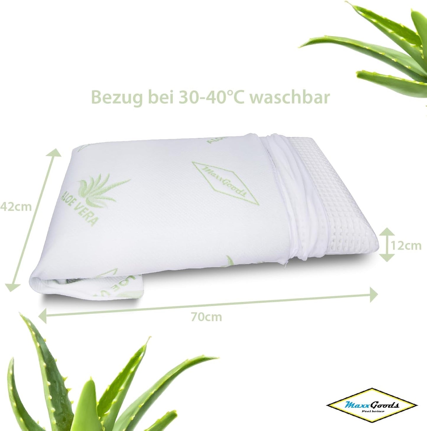 Maxxgoods ortopædisk pude Visco Gel Foam Nakkestøttepude med Aloe Vera beskyttelsesbetræk og 100 % bomuld indvendigt betræk - pude til mave, ryg og sidesove (42 cm x 70 cm x 12 cm) Cervikal ortopædiske puder Naty Shop