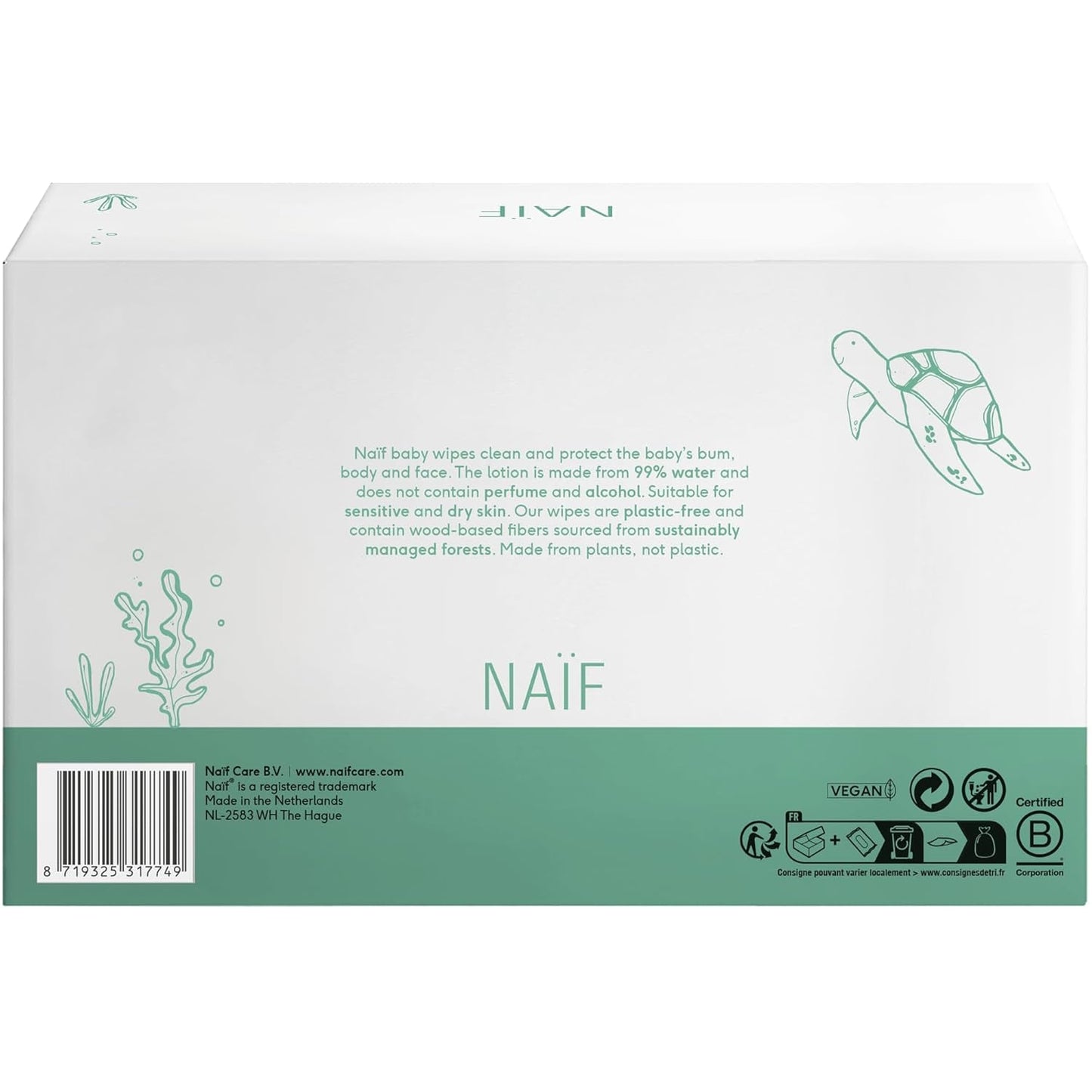 Naïf plastfri babyservietter 432 stykker (8 pakke x 54 servietter) - Pleje af babys bund, krop og ansigt - 99% vand - 0% duft og alkohol - Æske med bæredygtige vådservietter, følsom eukalyptus