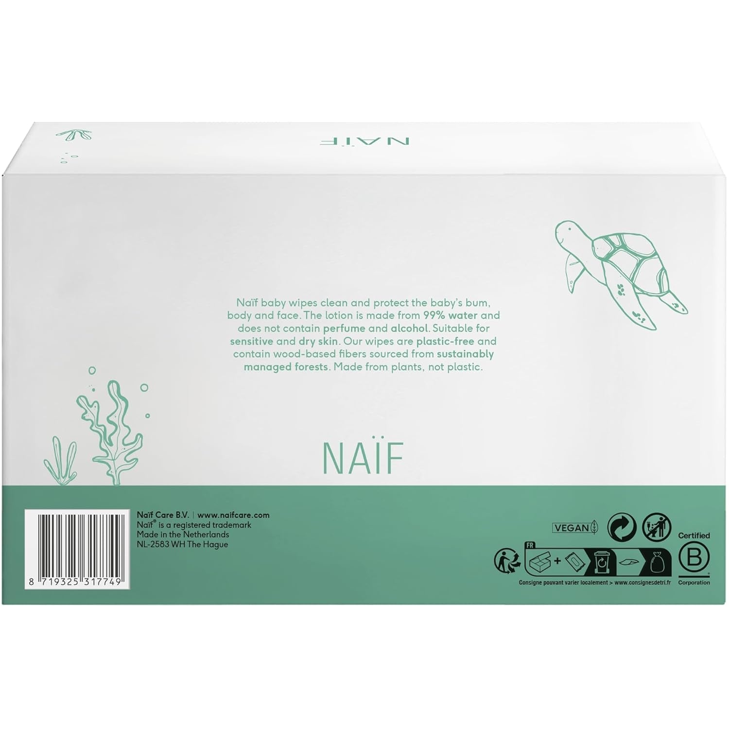 Naïf plastfri babyservietter 432 stykker (8 pakke x 54 servietter) - Pleje af babys bund, krop og ansigt - 99% vand - 0% duft og alkohol - Æske med bæredygtige vådservietter, følsom eukalyptus