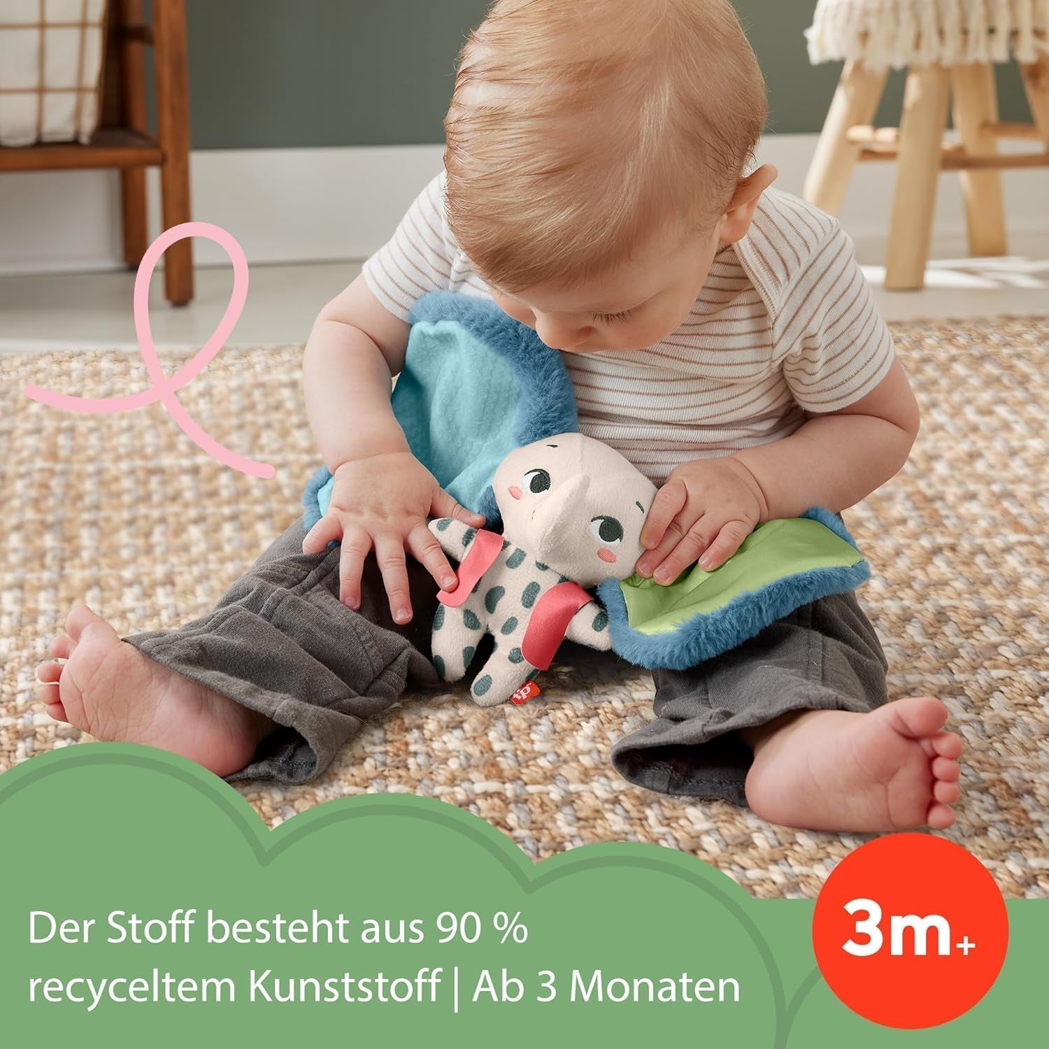 Fisher-Price Giant Ear Elephant - Yndigt blødt plyslegetøj med ekstra store ører, lavet af 90 % genbrugsplast og FSC-certificeret emballage, til babyer fra 3 måneder og opefter, HKD63 Bebe Toys Naty Shop
