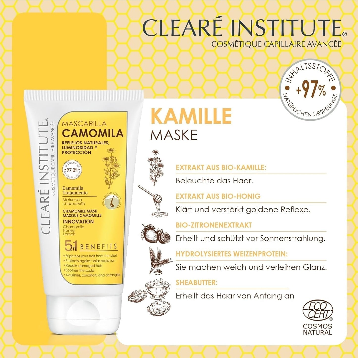 Clearé Institute | Kamille maske | Nærer, betingelser og reder ud | Golden Shine and Shine | 97% naturlige ingredienser | Beroliger hovedbunden Med kamilleekstrakt |150 ml Naty Shop hårmaske