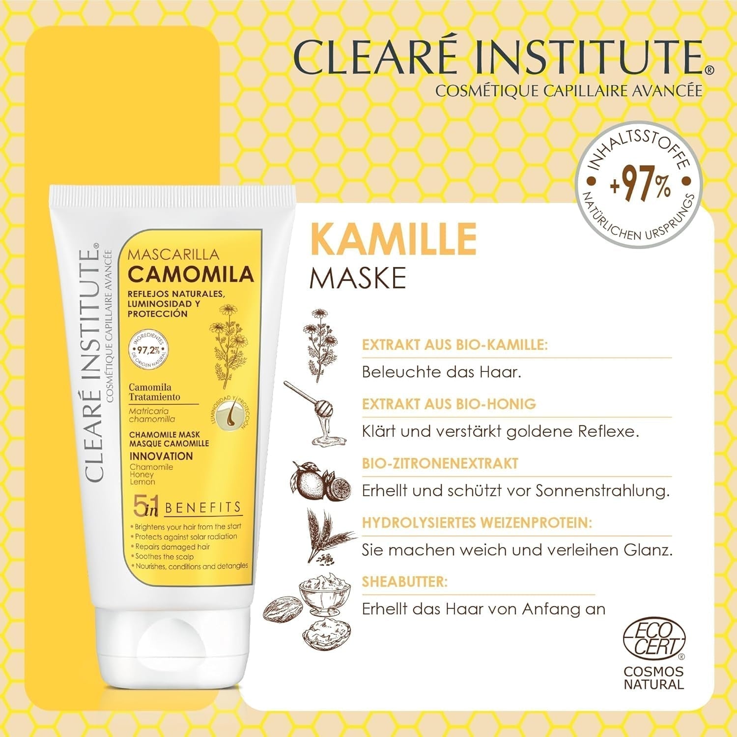 Clearé Institute | Kamille maske | Nærer, betingelser og reder ud | Golden Shine and Shine | 97% naturlige ingredienser | Beroliger hovedbunden Med kamilleekstrakt |150 ml Naty Shop hårmaske