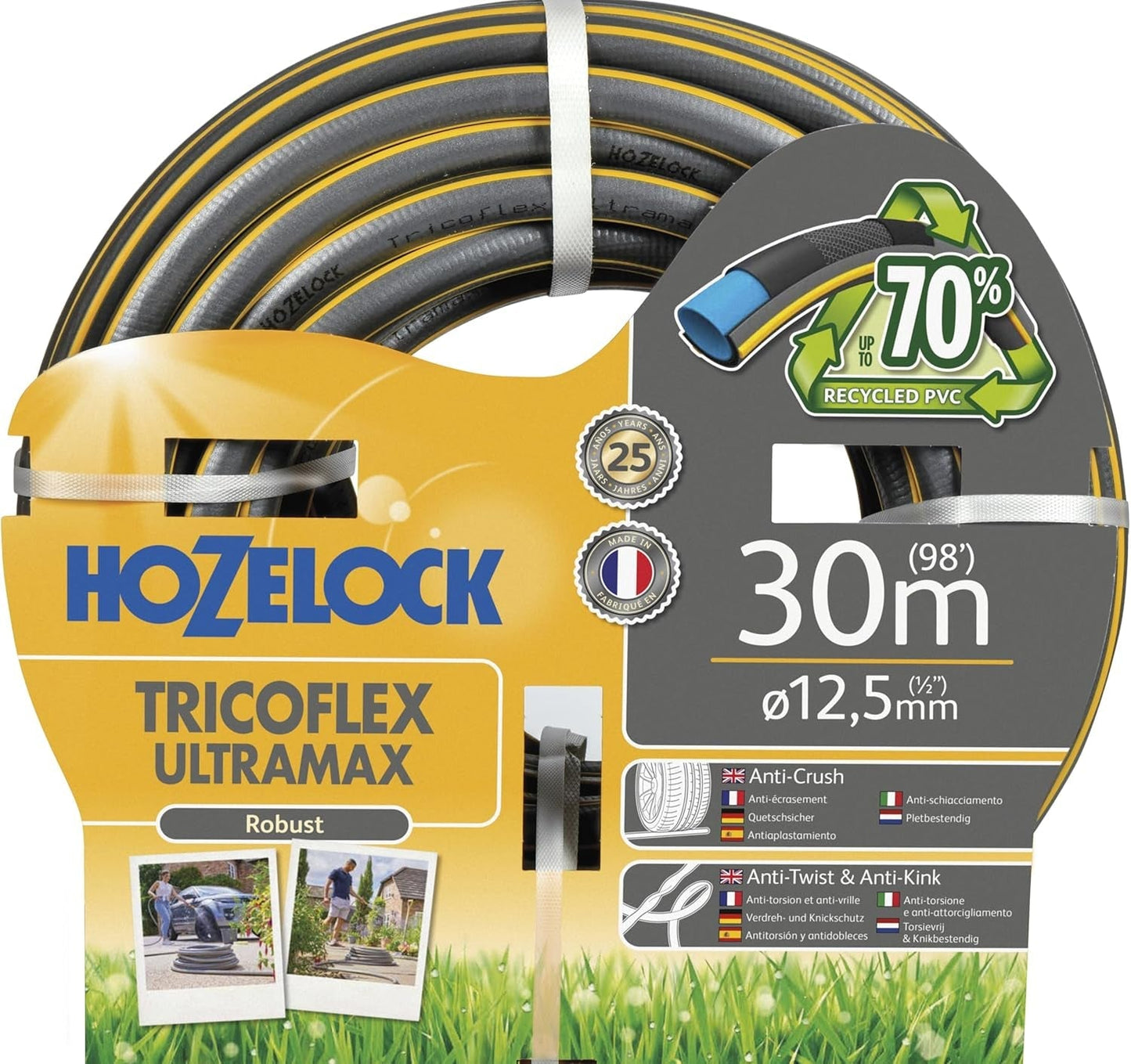 HOZELOCK-slange - Ultramax 12,5 mm x 30 m, op til 70 % genanvendt PVC, robust, vejrbestandig, anti-vridning, bøjnings- og knusningsbestandig, grå