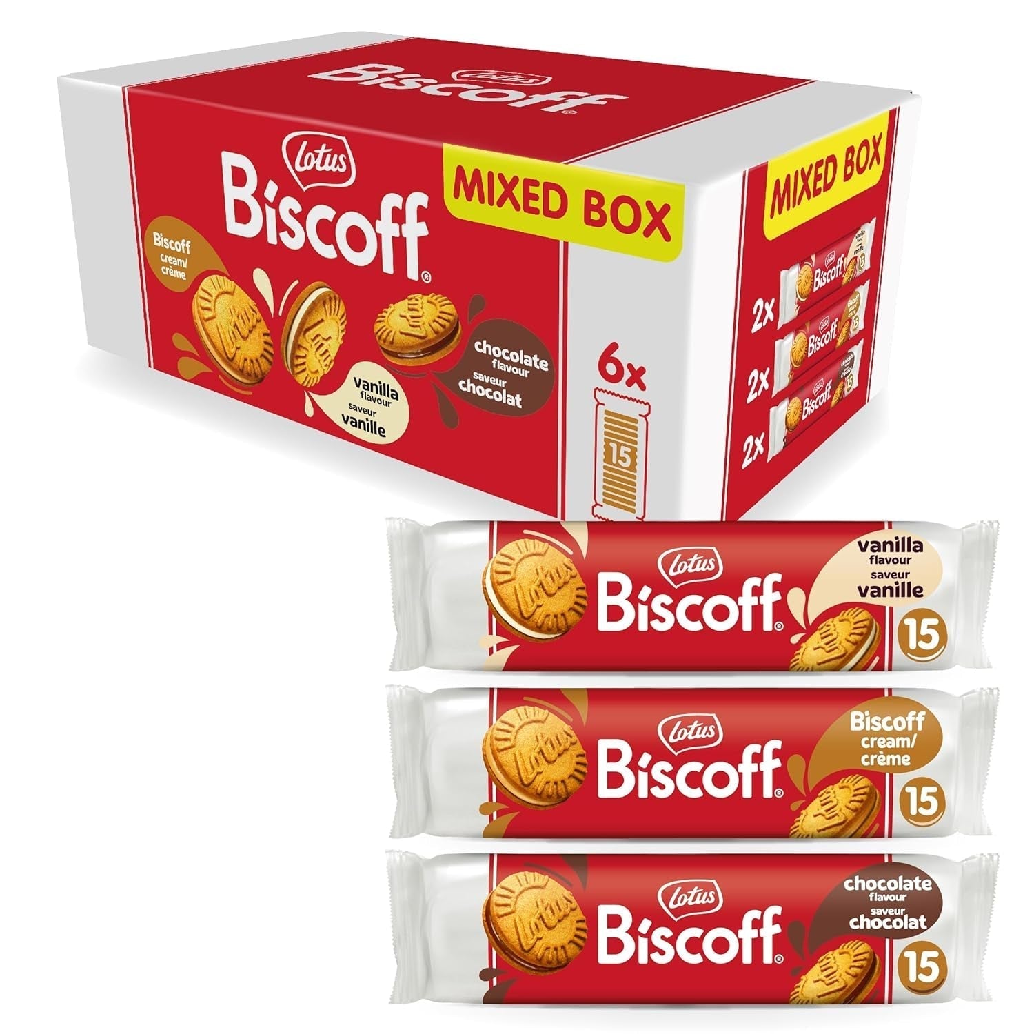 Lotus Biscoff | Dobbelt kiks Variety Pack | 3 sorter | 2 pakker pr. sort | 15 dobbeltkiks pr. pakke | Ingredienser af naturlig oprindelse | Ingen farvestoffer | 6 x 150g | 900 g