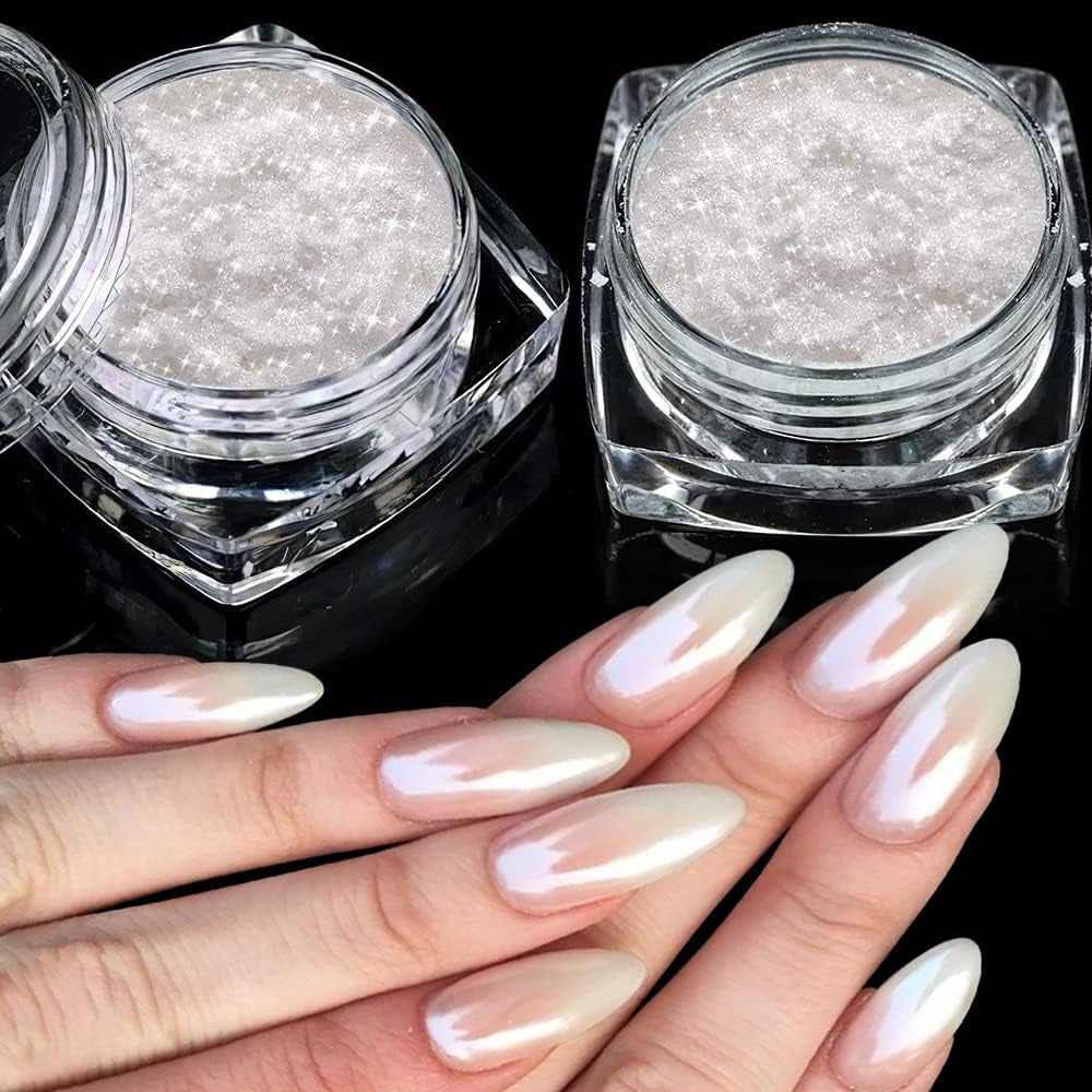 2 Schachteln Weiße Perle Chrom Nagelpuder - Transparent Aurora Ice Shimmer Chrome Pigment Pulver Für Nägel, Glaseret Donut Glitzerpuder Negle Spiegeleffekt-Glitter Nagelkunst-Pulver Für Diy-Salon