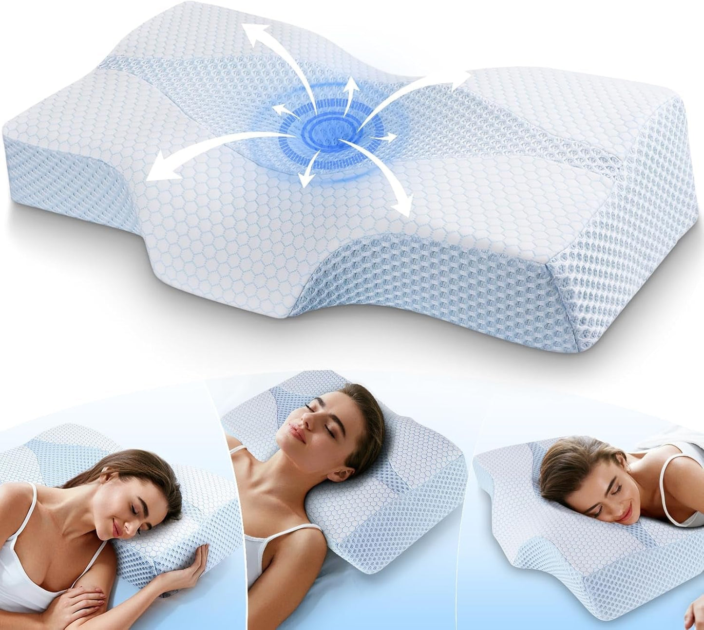 Memory Foam Nakkepude Ergonomisk ortopædisk pude til nakke- og skuldersmerter - Kølende sovepude til side-, ryg- og mavesove med nakkestøtte Cervikale ortopædiske puder Naty Shop 01-Blå Standardstørrelse (25 * 16 * 4,2/5,3) 01-(25.*"*" Størrelse 01-(25.* 25"*") Standard (25.* 25"*").