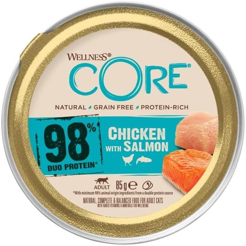 Wellness CORE 98% 12 x 85g, Kylling og Laks - Våd kattefoder, tyk paté, kornfri, naturlig, allergivenlig, højt proteinindhold, højt indhold af kød