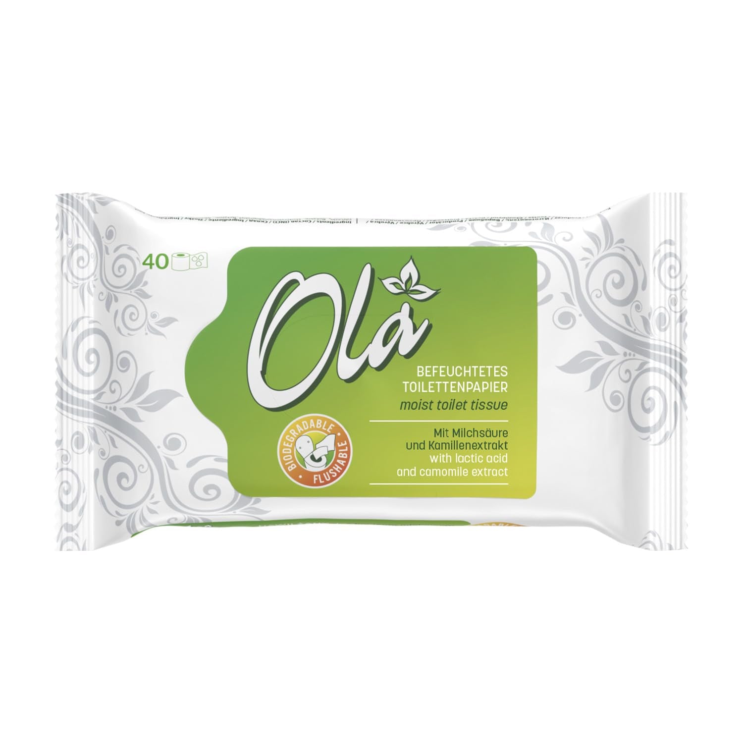 OLA vådt toiletpapir - (1X40 stk.) Vådservietter - kamilleekstrakt og mælkesyre, vaskbar, følsom hud - 40 stk.