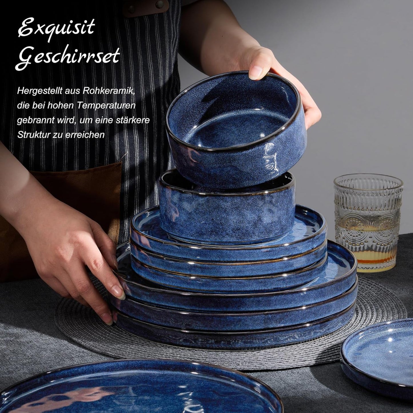Homikit porcelænssæt, 12-delt porcelænssæt til 4, middagsservicekombination med tallerkener, desserttallerkener og kornskåle, tåler mikroovn og opvaskemaskine, elegant blå