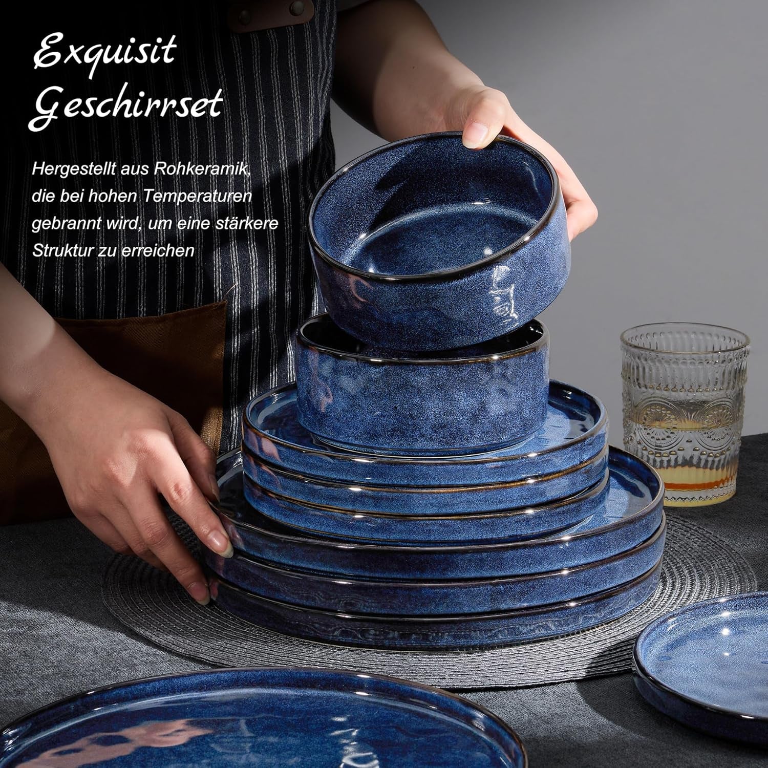 Homikit porcelænssæt, 12-delt porcelænssæt til 4, middagsservicekombination med tallerkener, desserttallerkener og kornskåle, tåler mikroovn og opvaskemaskine, elegant blå