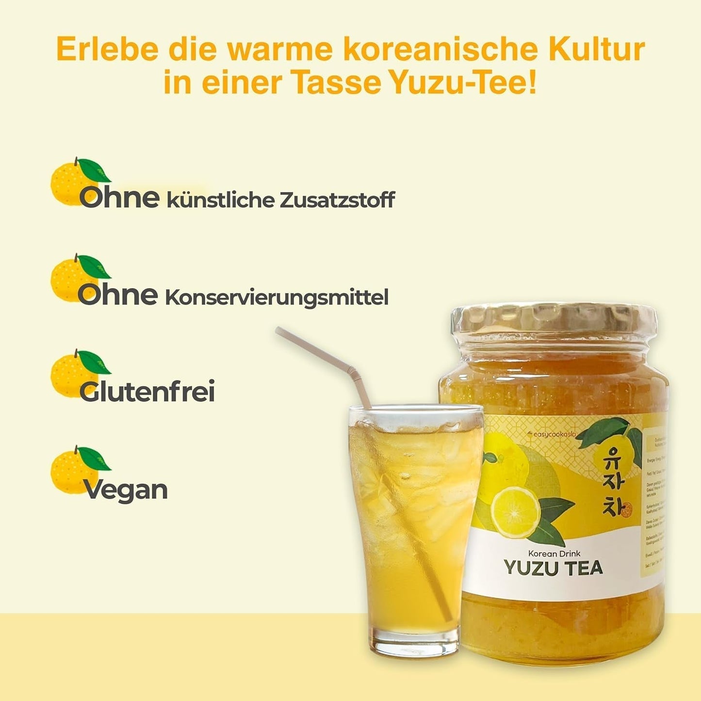 Easycookasia koreansk drik – Yuzu te | Frugtagtig, sød og citrus | Med vitamin C | Til te, limonade, cocktails og desserter | Oplev asiatisk tekultur (500 g)