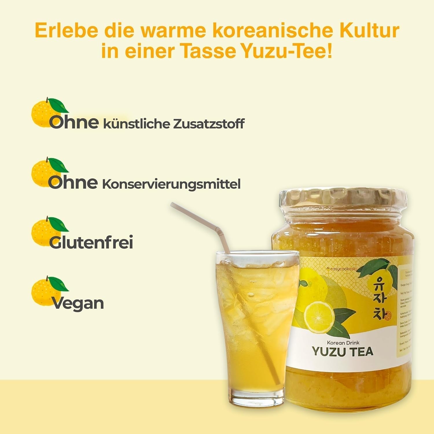 Easycookasia koreansk drik – Yuzu te | Frugtagtig, sød og citrus | Med vitamin C | Til te, limonade, cocktails og desserter | Oplev asiatisk tekultur (500 g)
