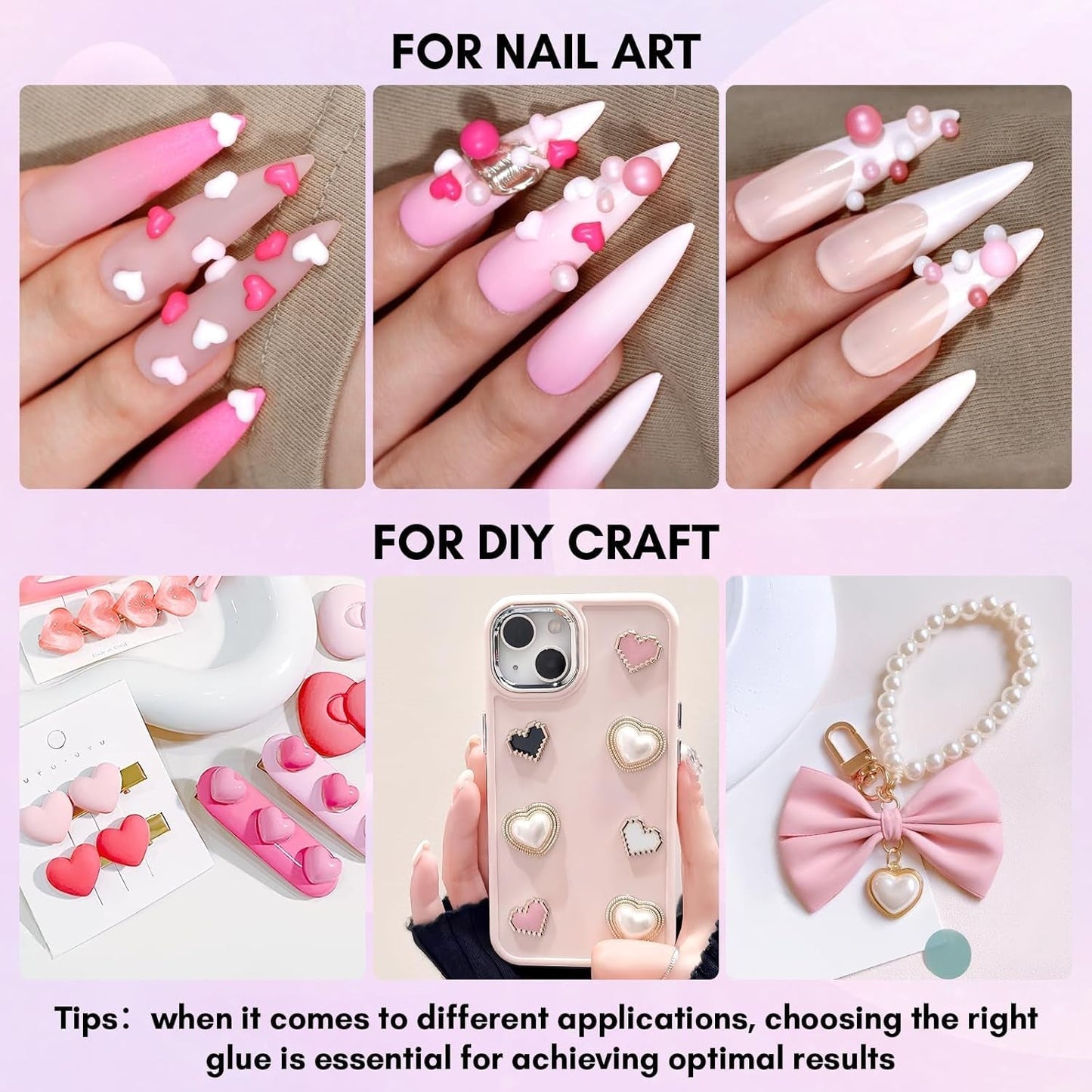 Makartt Rhinestone selvklæbende gel - 15 ml UV-neglelimsæt med lyserøde negle charms Hjertecirkel neglesmykker og negledesigntilbehør til hjemmemanicure Valentinsdagsgave