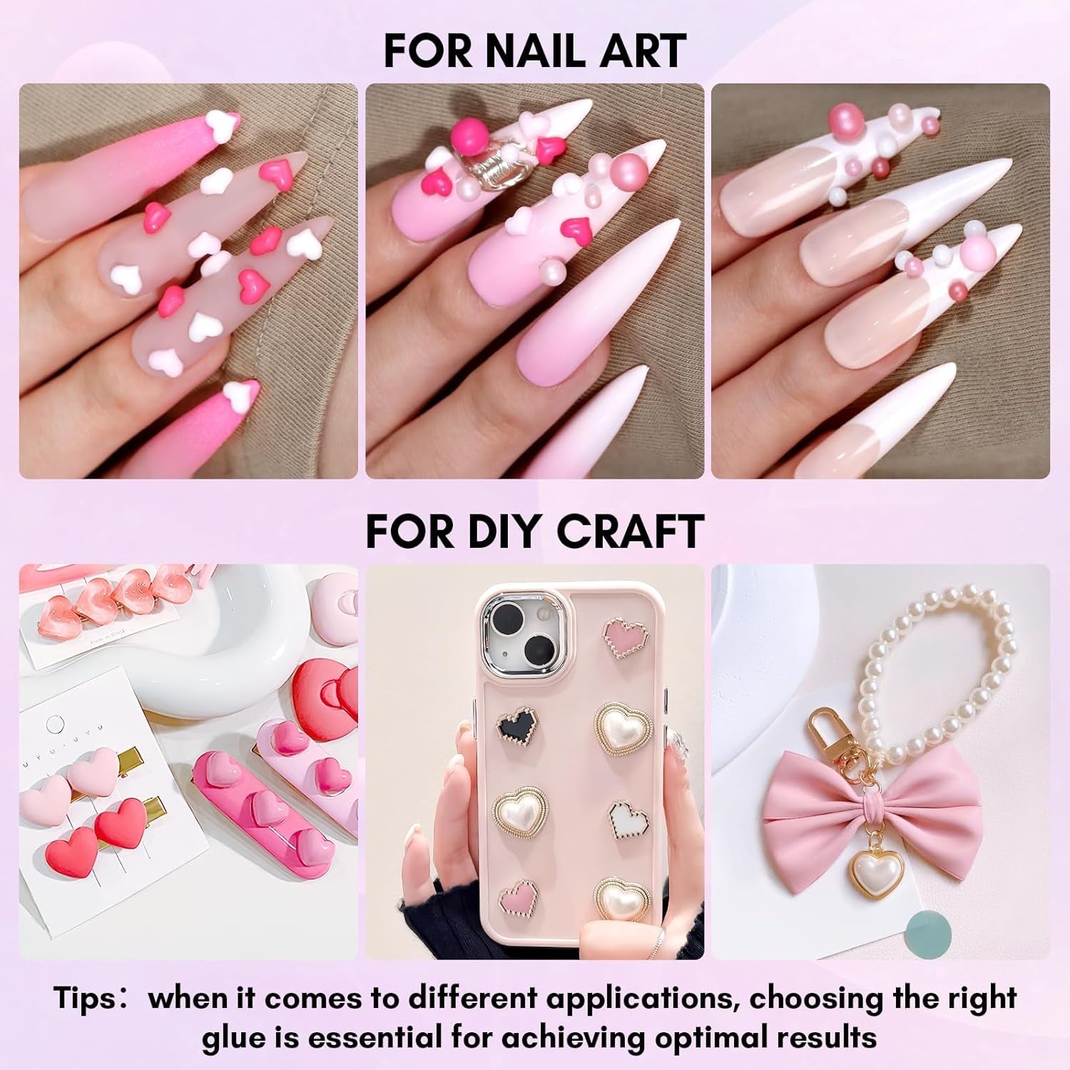 Makartt Rhinestone selvklæbende gel - 15 ml UV-neglelimsæt med lyserøde negle charms Hjertecirkel neglesmykker og negledesigntilbehør til hjemmemanicure Valentinsdagsgave