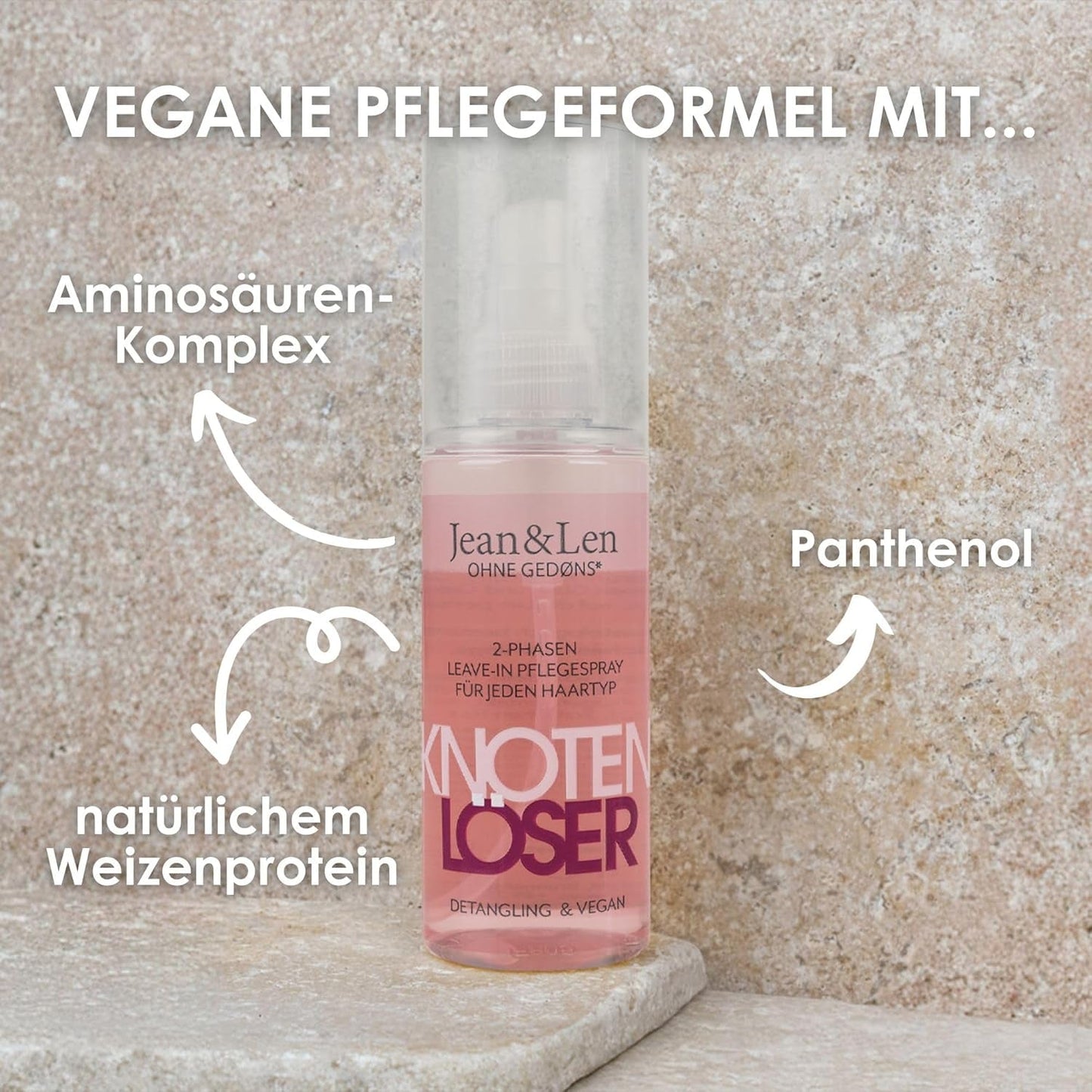Jean & Len Knot Remover 2-Phase Leave-In Conditioning Spray, velegnet til alle hårtyper, affiltrer hår og forbedrer kambarhed, frisk duft, udfiltring, silikone- og parabenfri, vegansk, 100ml Detangling-produkter Naty Shop